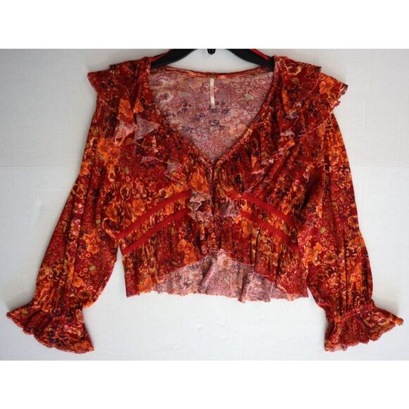 Free People OB1595772 Women's Sz M Cherry Combo Floral Rudi Ruffle Top - Picture 6 of 9